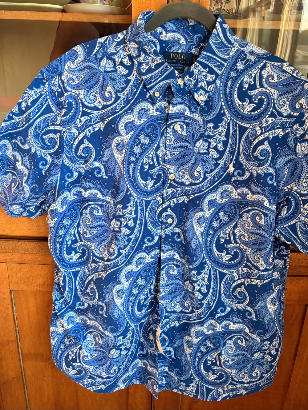NWT-Ralph Lauren Blue & White Paisley Short-Sleeve Button-Down Shirt size Xl